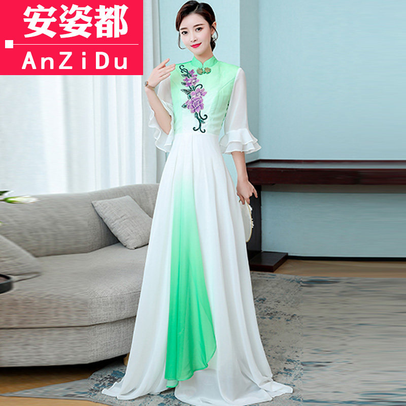 中国风女装复古旗袍改良版连衣裙演出服女长裙年会晚礼服表演服装
