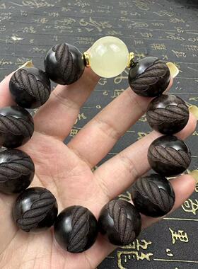 紫光檀雕刻手串黑檀木佛珠雕刻一生相依手链男女款文玩夜光珠手串
