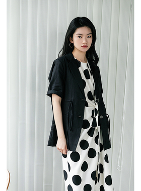 春夏折扣CHIC YAC/纯亚麻西装外套女新款黑色薄款防晒衫通勤中袖