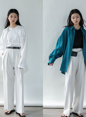 CHIC YAC/肯豆同款亚麻衬衫长袖纯色中长款宽松防晒孔雀蓝白色