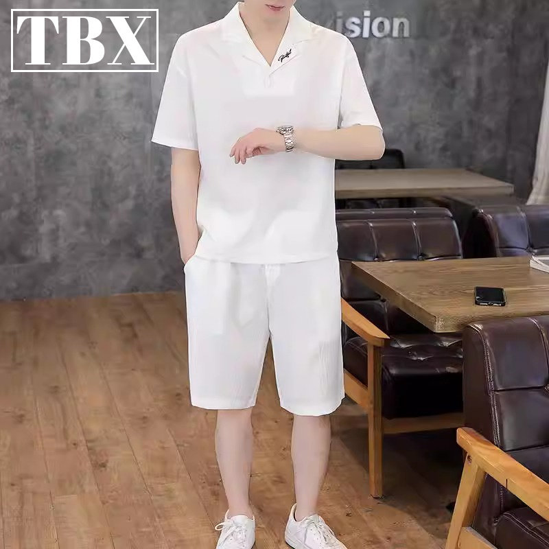 冰丝休闲套装男士夏季薄2026新款古巴领短袖T恤白色运动短裤男款
