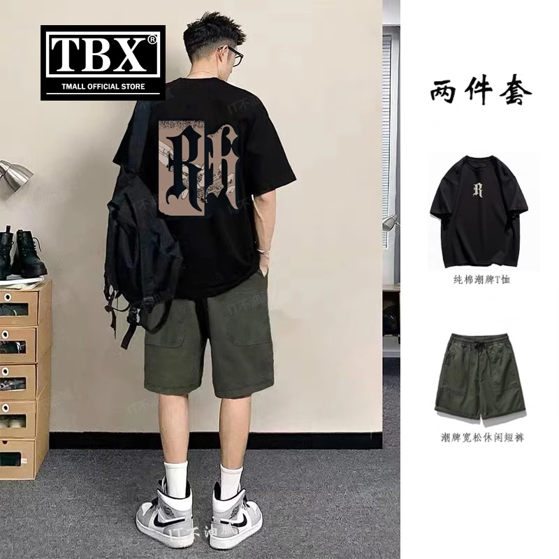 运动休闲套装男士短袖t恤2025新款潮牌搭配一套纯棉工装短裤男款