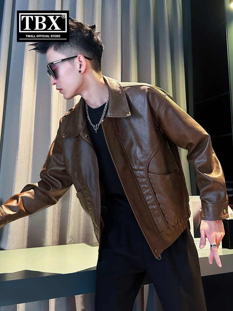 高端覆古老钱风皮衣外套男士2025新款春秋冬季加绒翻领皮夹克男款
