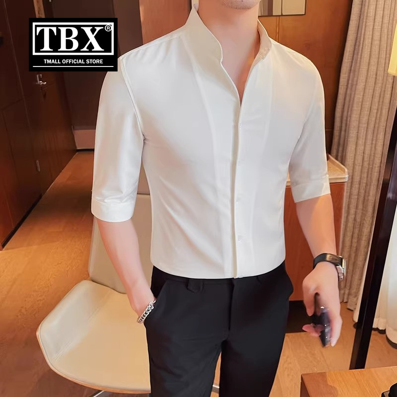 立领七分袖衬衫男士中袖2025新款夏季休闲 高级感五分短袖衬衫男