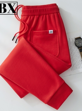 本命年红色卫裤男士秋冬季2025新款加绒加厚男裤休闲运动裤子男款