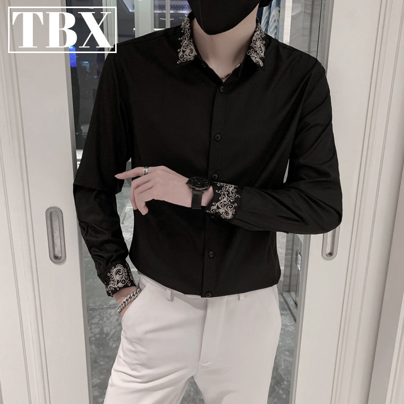 高端男士长袖衬衫2025新款高级感痞帅刺绣花领轻熟风黑色衬衣男款