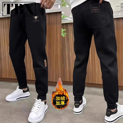 高端加绒加厚卫裤男士2025新款春秋冬季修身束脚休闲运动裤子男款