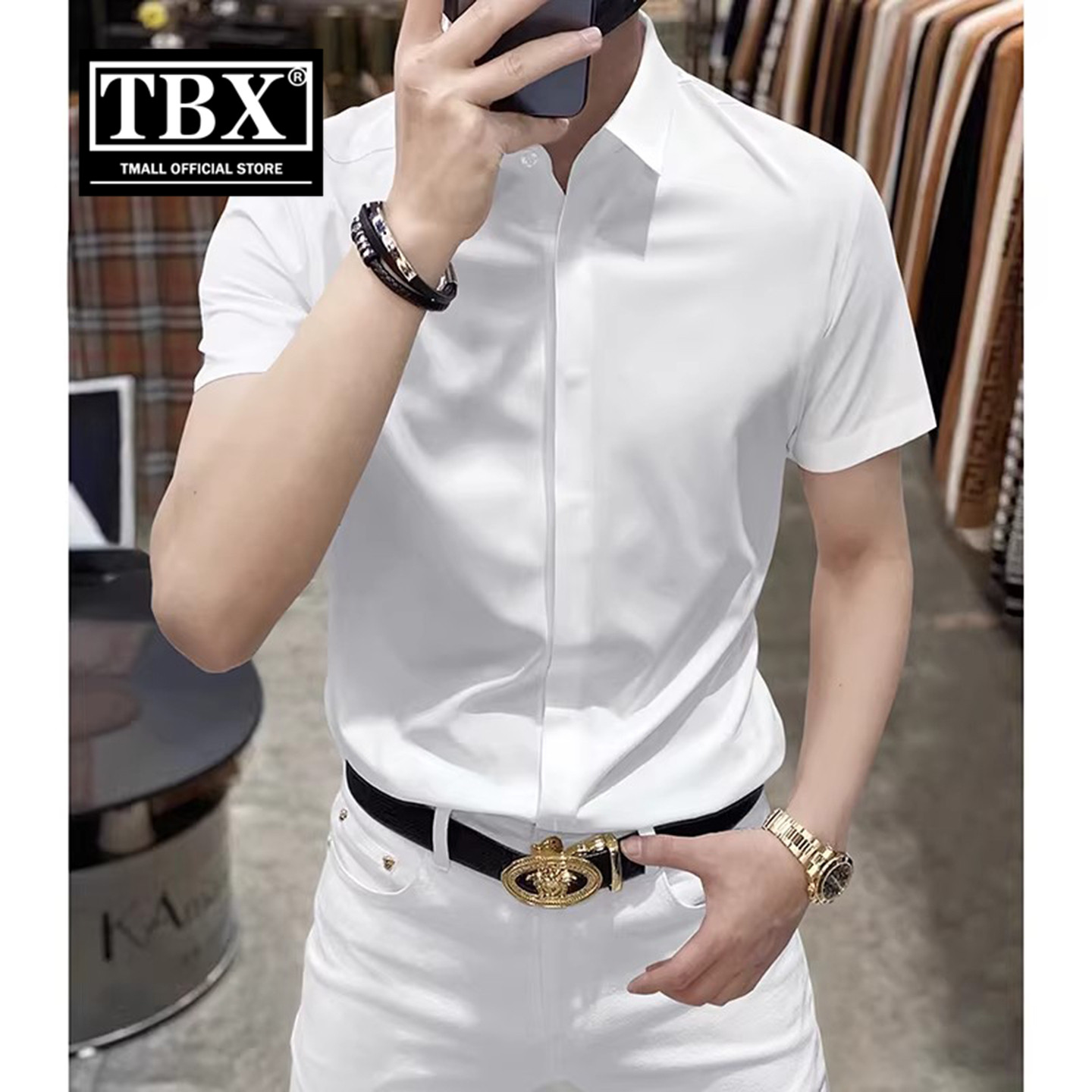 高端纯色冰丝短袖衬衫男士2026新款春夏季高级感商务暗扣衬衣男款