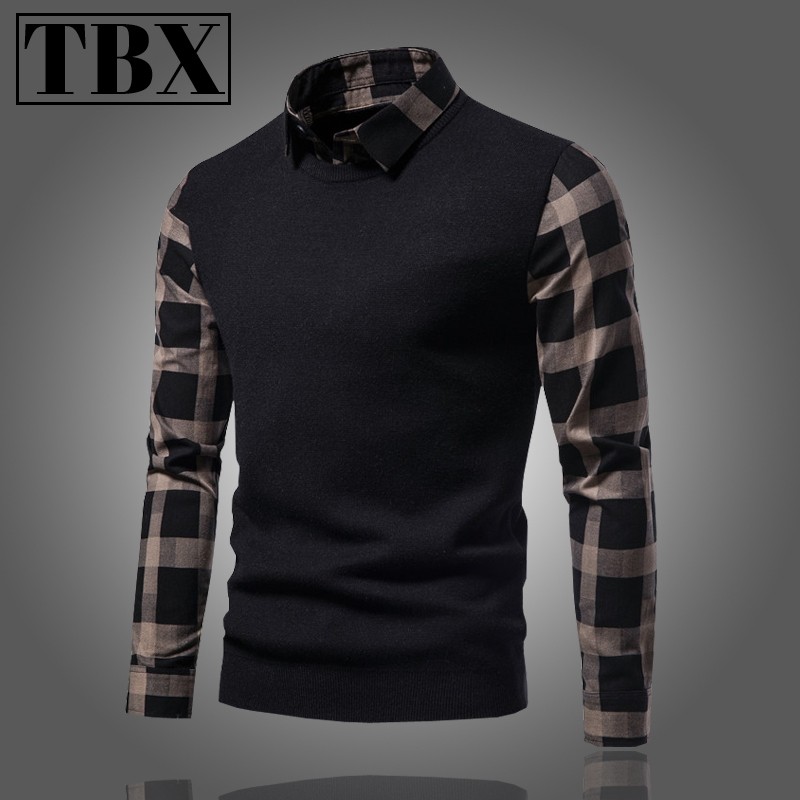 高端假两件毛衣男士秋冬季2025新款修身格子衬衫领打底针织衫男款