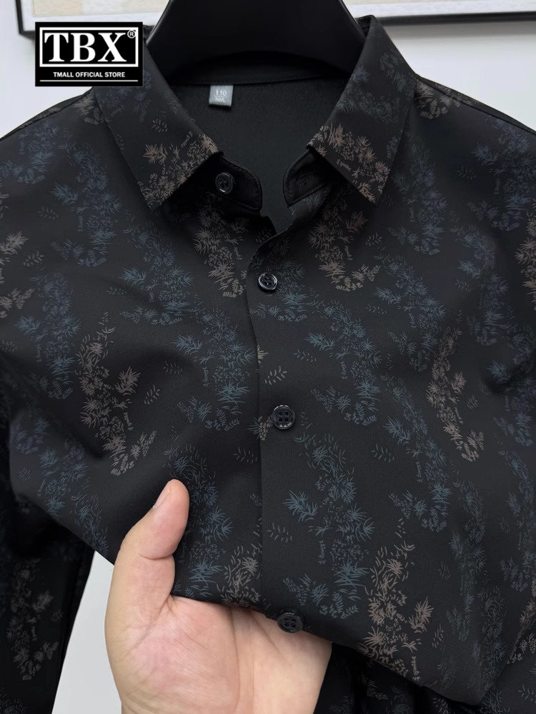 高端法式碎花长袖衬衫男士2025新款春秋冬季加绒保暖休闲衬衣男款