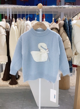 冬季新款imau奕玛女小童装天鹅图案打底衫儿童可爱毛衣48SF230201