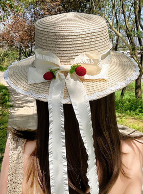 树莓蝴蝶结大檐草编遮阳帽女夏季