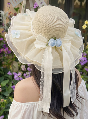 甜美花朵蕾丝飘带大檐草帽女夏季