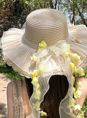 铃兰花蝴蝶结遮阳草帽女夏季海边