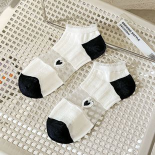 卡丝夏秋薄款 网眼短筒黑白爱心镂空花边袜可爱ins短袜袜子女新品