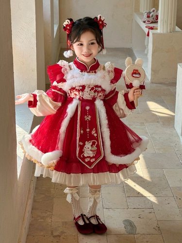 新中式加绒汉服裙刺绣公主裙洛丽塔襦裙女童加厚新年裙子拜年服