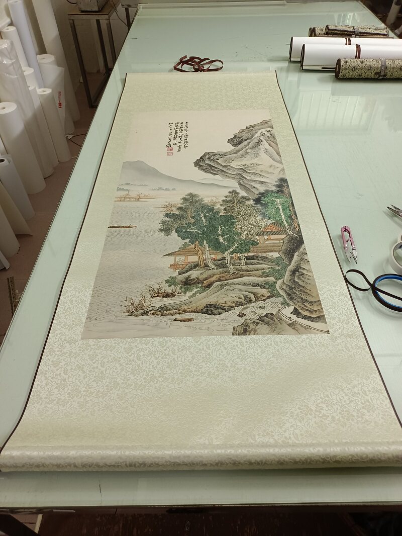 张大千 沧浪渔笛图古代青绿工笔山水国画高清喷绘字画复制装饰画