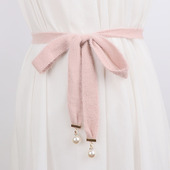 韩版 毛衣裙细腰带女简约百搭连衣裙纯色裙带子皮草针织衫 束腰腰绳