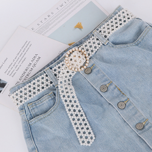 饰时尚 牛仔裤 连衣裙装 饰女韩版 简约百搭腰带潮 珍珠串珠编织皮带装