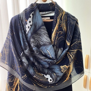 2025新款星夜羽澜长方形围巾韩版印花保暖亚麻披肩披肩两用大丝巾