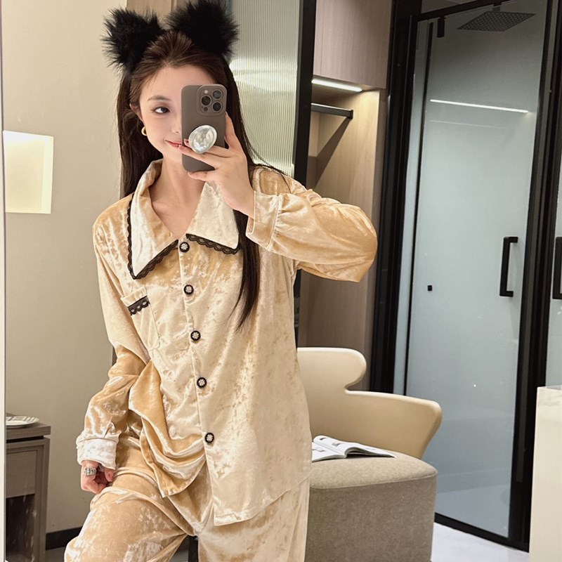 韩剧女主蕾丝公主套装进口丝绒家居服精致华丽低调长袖长裤睡衣