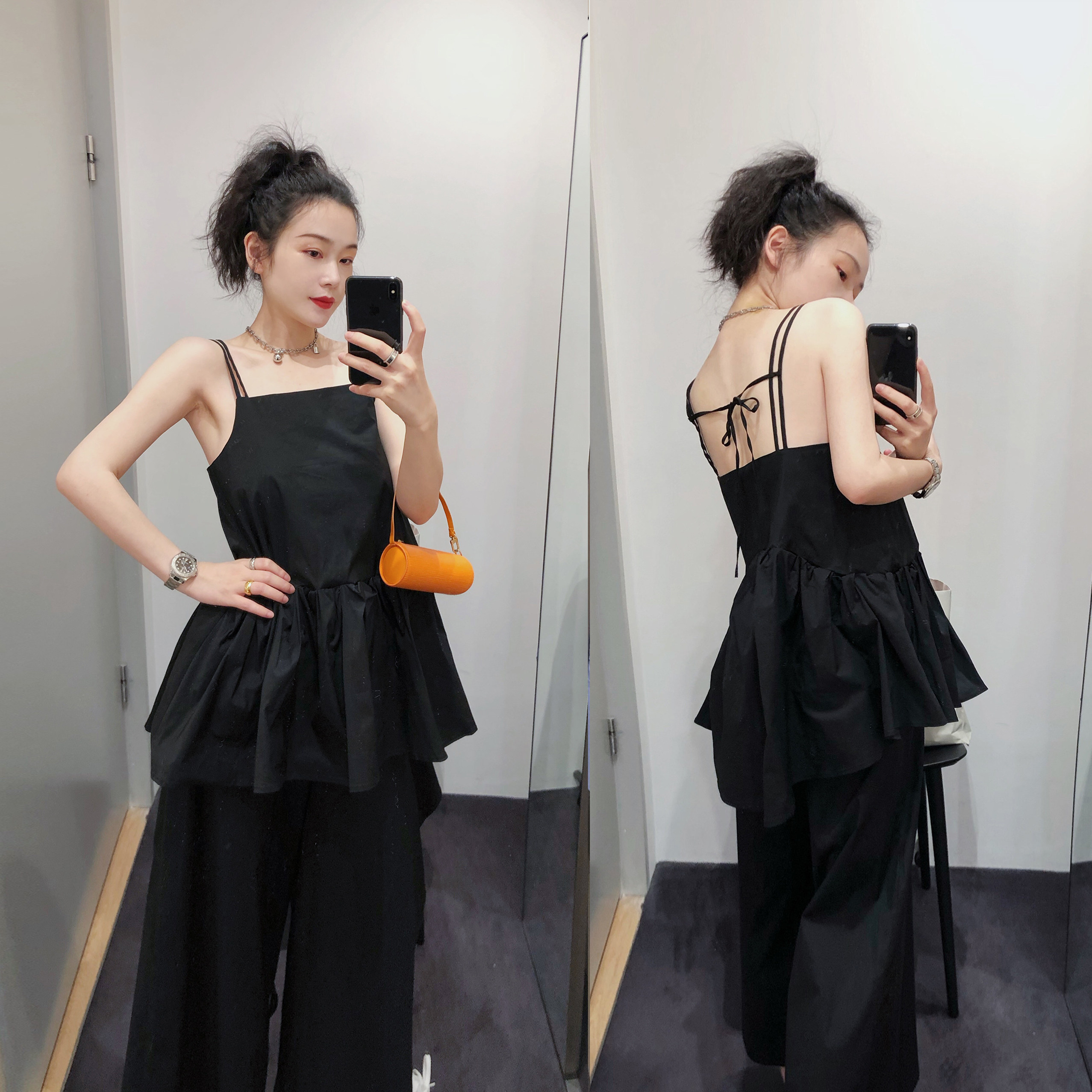 23夏新品cos风经典黑色腰部褶裥设计露背平领吊带背心女