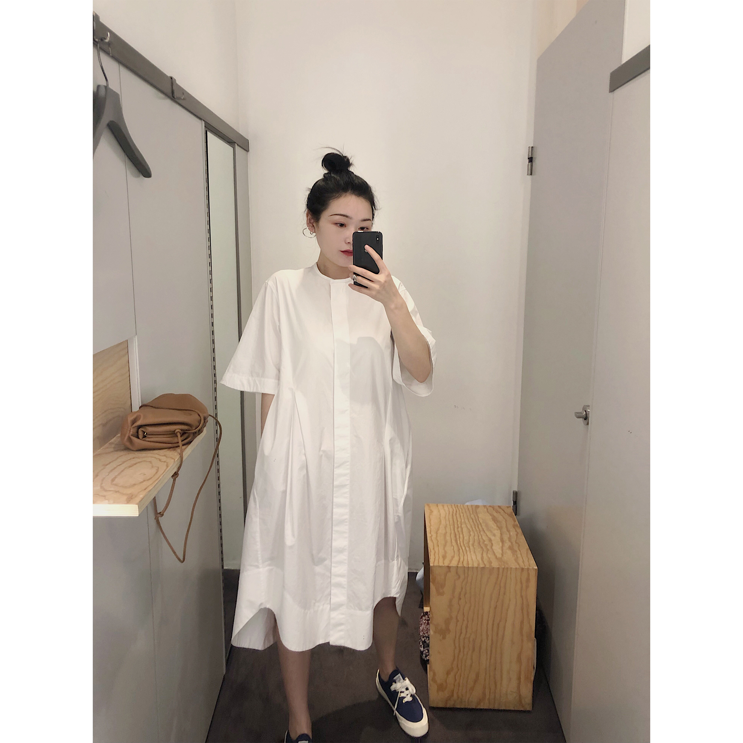 yjiid自制19夏新cos风设计感圆弧下摆百搭干练结构衬衫百连衣裙女