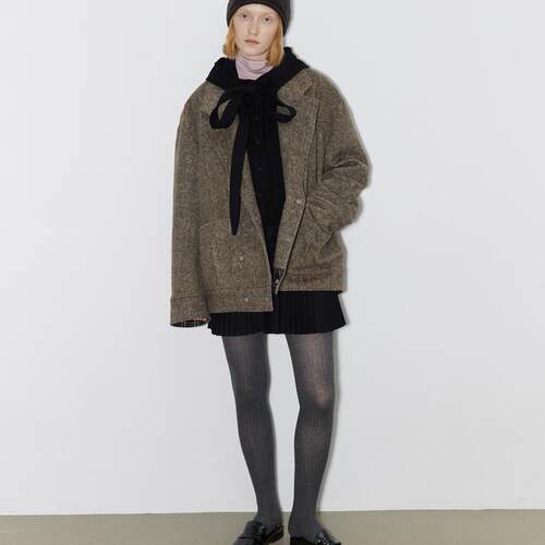 unnone item 复古茧型宽松羊毛西装拼格纹夹棉里外套棉服女