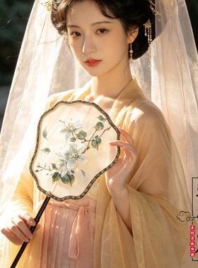 百合机绣单面紫竹短柄团扇