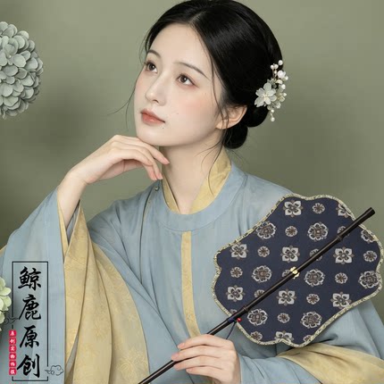 鲸鹿原创唐风团花竹帘扇紫竹长柄可折叠旋转团扇腰扇拍照走秀道具
