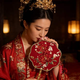 鲸鹿原创木槿花复古暗红机绣中式结婚团扇汉服国风挡脸喜扇