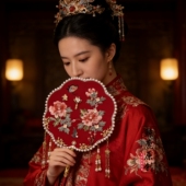 鲸鹿原创牡丹蝴蝶图暗红机绣新娘喜扇礼物中式 国风汉服秀禾团扇