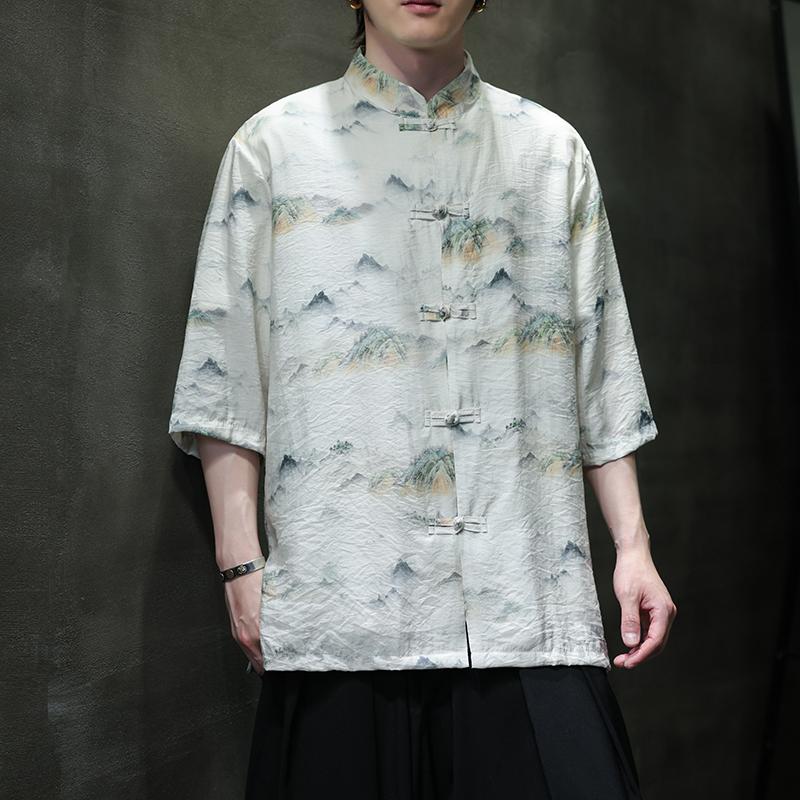 夏季新款风短袖衬衫唐装汉服风印花男A008-1-1102-P50,男装衬衫,电商A008-1
