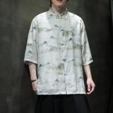 夏季新款风短袖衬衫唐装汉服风印花男A008-1-1102-P50，男装衬衫，电商A008-1