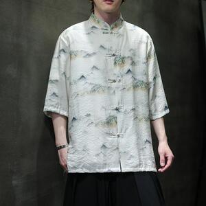 夏季新款风短袖衬衫唐装汉服风印花男A008-1-1102-P50图片