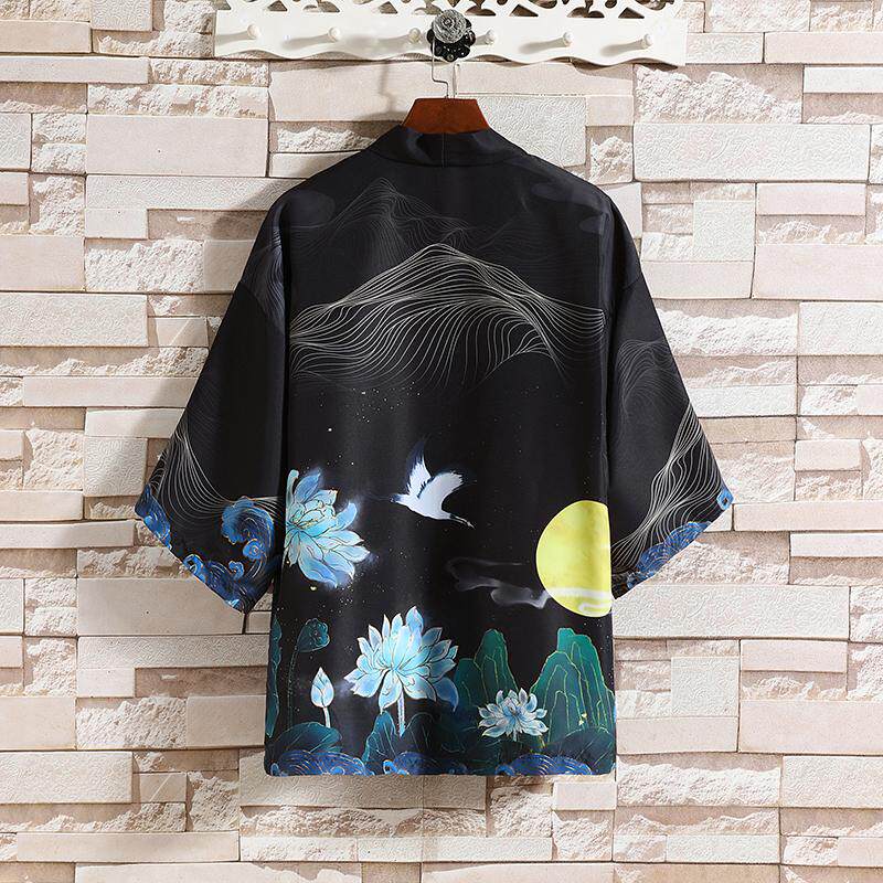 夏季新款风青山仙鹤印花汉服风衣开衫披风男DSA008-1K87P40,男装风衣,电商A008-1