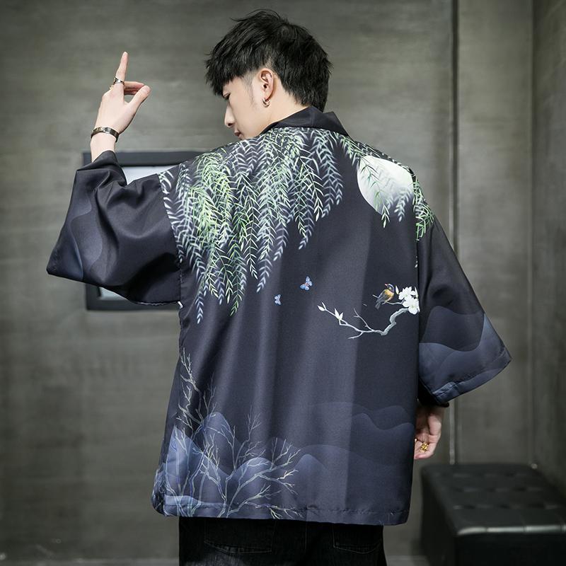 夏季新款风大鱼竹叶和服开衫披风男DS-A008-1-K91p40,男装风衣,电商A008-1