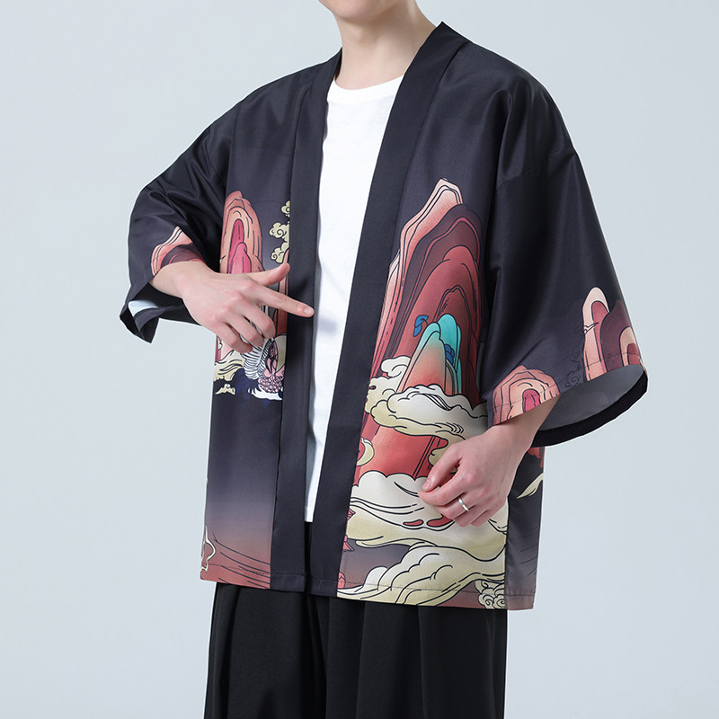 夏季新款风仙鹤印花汉服风衣开衫披风男DSA008-1K85P40,男装风衣,电商A008-1