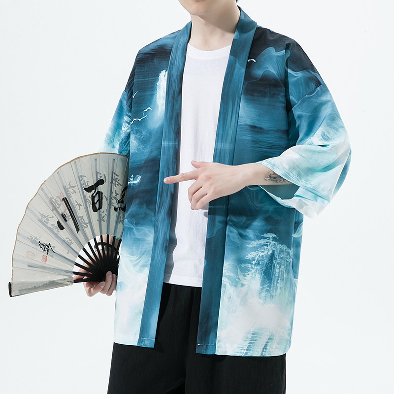 2025夏季新款风印花山川汉服开衫披风男DS-A008-1K89P40,男装民族服装,电商A008-1