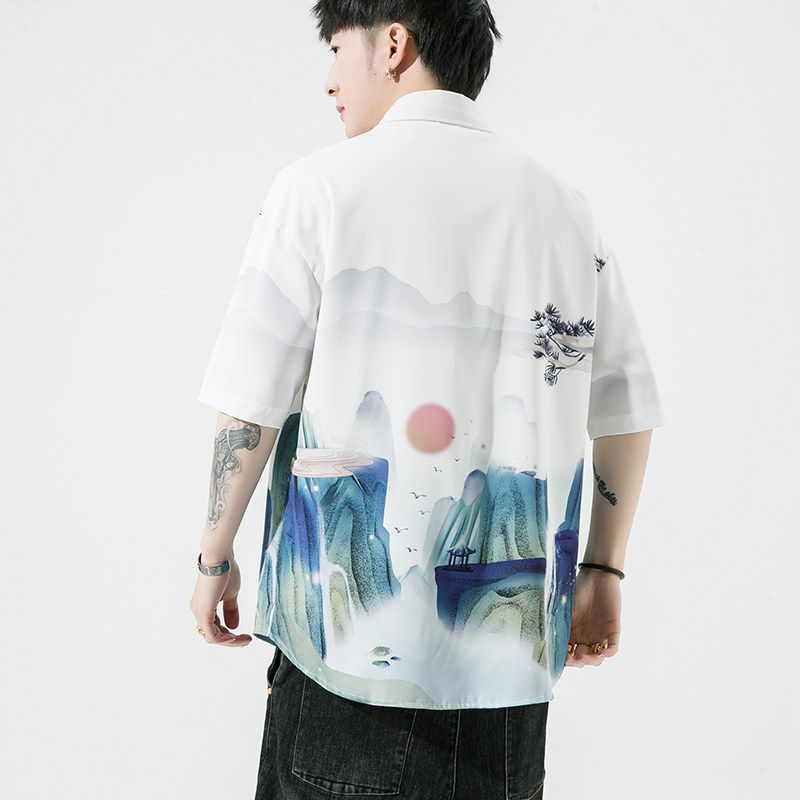男士印花风休闲男新潮款青年短袖衬衫DS-A008-1-S025-P45,男装T恤,电商A008-1