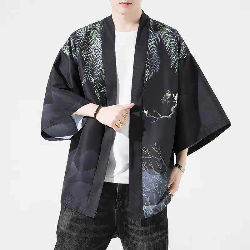 夏季新款风大鱼竹叶和服开衫披风男DS-A008-1-K91p40,男装风衣,电商A008-1
