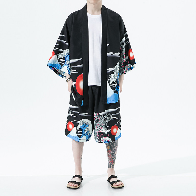 2025夏季风道袍男短袖汉服开衫和服防晒衣套装QT6006TZK53P70图片