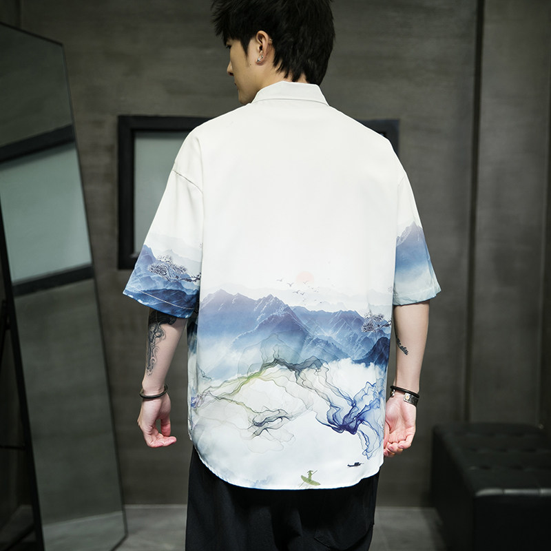 男士印花风休闲男新潮款青年短袖衬衫DS-A008-1-S017-P45,男装衬衫,电商A008-1