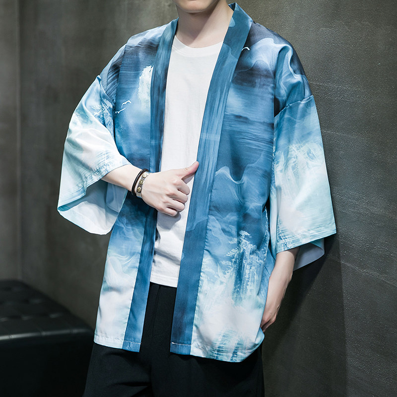 2025夏季新款风印花山川汉服开衫披风男DS-A008-1K89P40,男装民族服装,电商A008-1