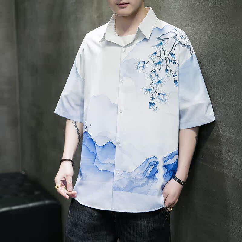 男士印花风休闲男新潮款青年短袖衬衫DS-A008-1-S021-P45,男装衬衫,电商A008-1