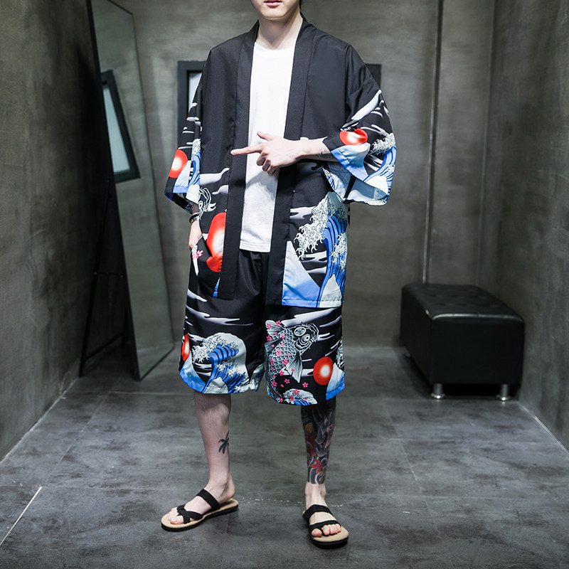 2025夏季风道袍男短袖汉服开衫和服防晒衣套装QT6006TZK53P70,男装防晒衣,电商A008-1