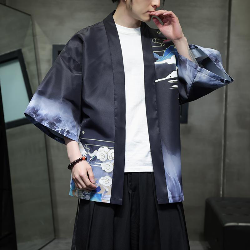 夏季新款风青山仙鹤印花汉服风衣开衫披风男DSA008-1K87P40,男装风衣,电商A008-1