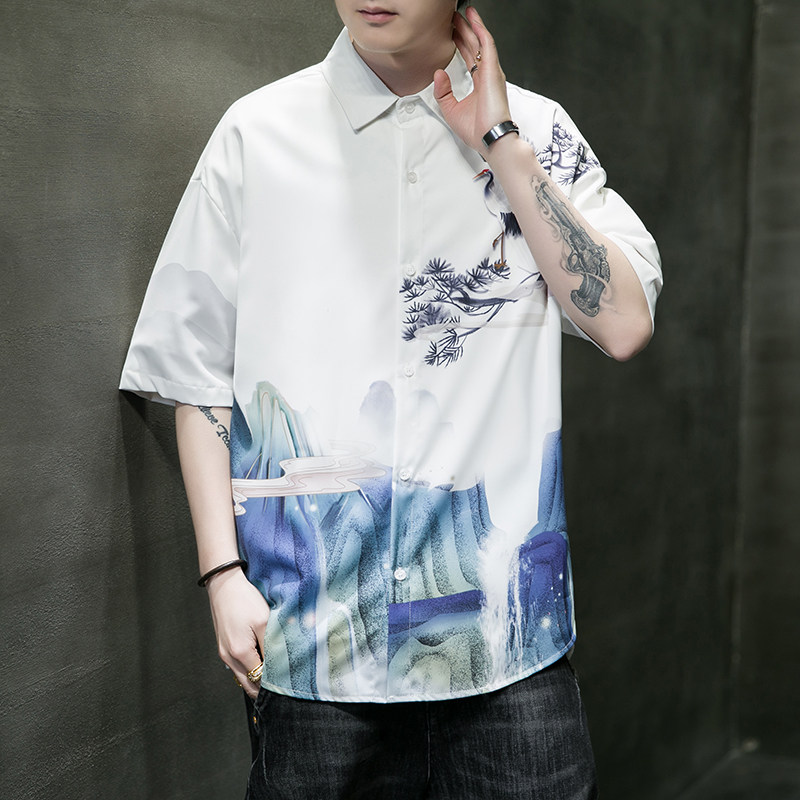 男士印花风休闲男新潮款青年短袖衬衫DS-A008-1-S025-P45,男装T恤,电商A008-1