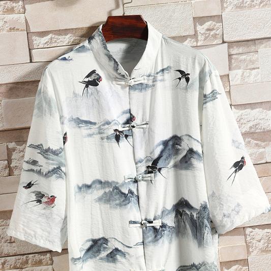 夏季新款风短袖衬衫唐装汉服风印花男A008-1-1102-P50,男装衬衫,电商A008-1