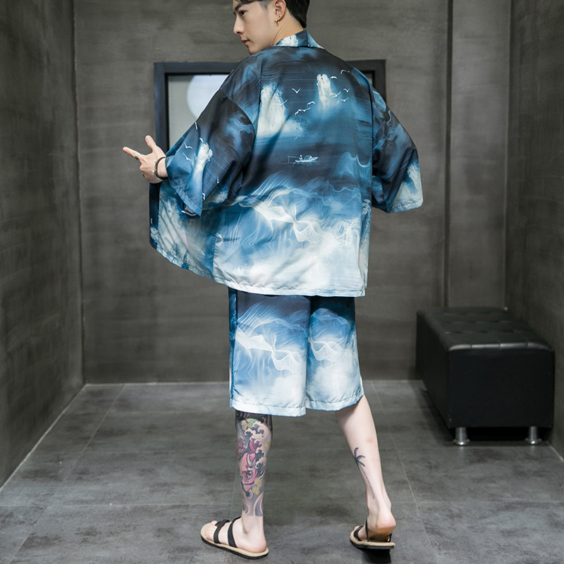 2023风道袍男短袖汉服开衫和服防晒衣套装DS-A008-1-TZK51P70,男装防晒衣,电商A008-1